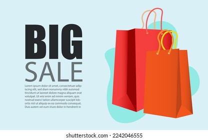 Big sale web poster or banner template design with illustration of two red and bright orange paper shopping bags