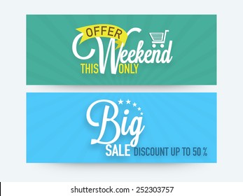 Big sale website header or banner set with discount offer only for this weekend for your business.