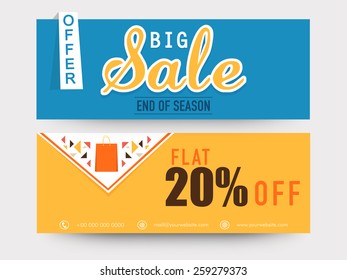 Big Sale website header or banner set in blue and yellow color with flat discount offer.