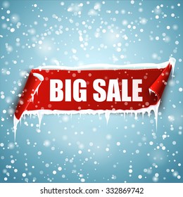 Big sale winter background with red realistic ribbon banner, icicles and snow. Vector illustration