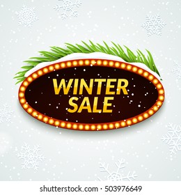 Big sale winter sale sign design template. Xmas season clearance discount. Market promotion advertising with fir branches.