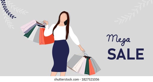 Big sale with woman for website banner or poster sale. Pastel color, vector illustration.  Vector flat female character after successful shopping holding paper bag with purchases. 