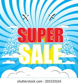 Big sale wording in pop art style on air plane flying on the blue sky and clouds background