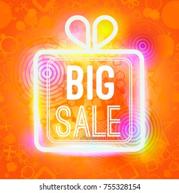 Big sale words in box. Vector illustration of big sale words in neon present box.