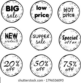 Big sale,Low price,Hot price,New product,Supper sale,Special offer,20% off,50% off,70% off,round pencil art tag design vector