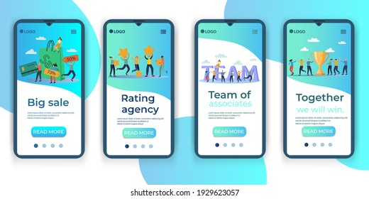 Big Sale,Rating Agency, Team, Joint achievements.A set of UI, UX interfaces for smartphone screens.Features of adaptive design.Flat vector illustration.