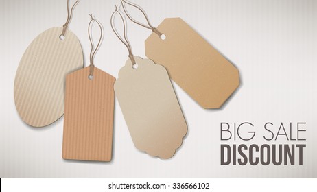Big sales banner with empty cardboard tags and strings, discount and shopping concept