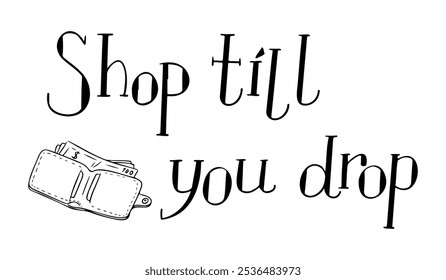 Big sales hand drawn lettering for banners with text and doodle wallet illustration. Black vector lettering isolated on white background, representing a fun and energetic shopping experience