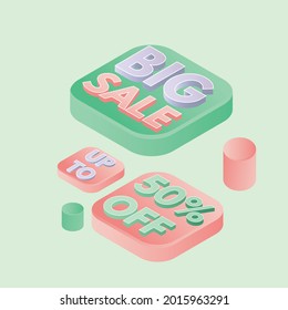 Big sales promotion poster illustration design, pastel colors with additional 3D ornaments and a soft green background, both used for digital and print sales promotions etc.