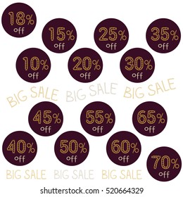 Big sales. Set of round dark labels or stickers with a discount. Isolated object on white background. Text is drawn by hand