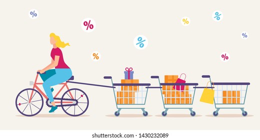 Big Sales in Shop, Seasonal Discounts, Low Price Offer in Supermarket Flat Vector Concept. Woman Riding Bicycle, Pulling Shopping Carts Full of Wrapped Gifts, Goods in Cardboard Boxes Illustration