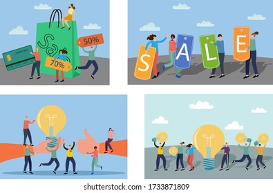 Gran venta.Buscar ideas.Start-up.Un conjunto de ilustraciones para el diseño.Ilustración vectorial plana.