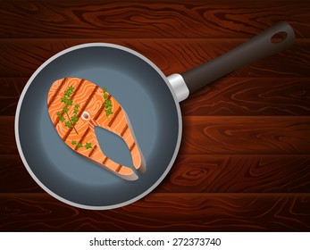 Big salmon steak with thyme on frying pan on brown wooden table. Vector image can be used for restaurant and cafe menu design, food posters, print cards and other crafts.