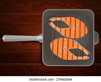 Big salmon steaks with thyme on grilling pan on brown wooden table. Vector image can be used for restaurant and cafe menu design, food posters, print cards and other crafts.