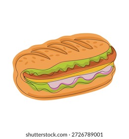 Estilo de Doodle de sándwich grande, ilustración de comida de Vector. Colorido doodle ilustración de Grande sándwich con lechuga, salchicha, queso, cebolla en escabeche, y pan de sésamo. Ideal para Anuncios de comida rápida y anuncios.