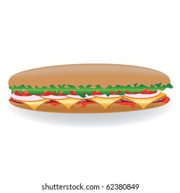 big sandwich with lettuce, tomato, salami, cheese, ketchup