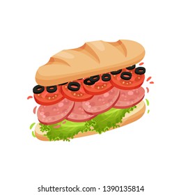 Big sandwich made from halves of long loaf with salami. Vector illustration on white background.