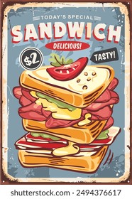 Anuncio retro del sándwich grande en el fondo viejo del metal oxidado. Diseño de letrero vintage de comida rápida. Ilustración vectorial de bocadillos y bocadillos.