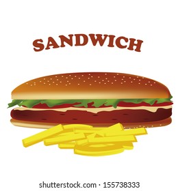 a big sandwich with tomato vegetable and a meat with french fries