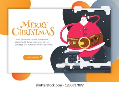 Big santa claus on the roof with a gift. Vector illustration. Landing page.