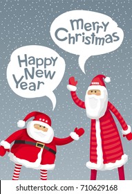  Big Santa and slim Santa wish you Merry Christmas and Happy New Year in the style of comics. Vector image for greeting cards, banners, posters, sales and other winter events.