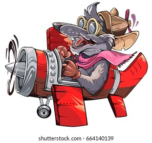 big Sara rat in a funny hat flying on a wooden aircraft engine