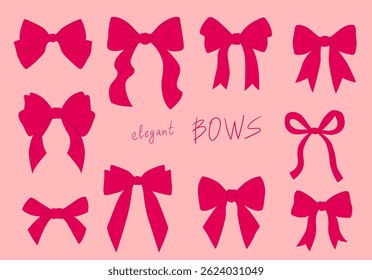 Big satin ribbon bows collection. Delicate hand drawn decorations. Vector flat cartoon illustration isolated objects.