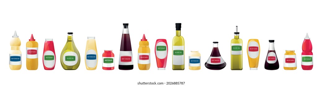 Big sauce in bottles set. Soy, Olive Oil, Mustard, Ketchup and Mayonnaise sauces. Condiment elements for food design.