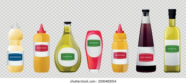 Big sauce in bottles set. Soy, Olive Oil, Mustard, Ketchup and Mayonnaise sauces. Condiment elements for food design.