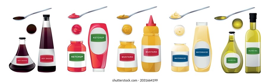 Big sauce in bottles set. Soy, Olive Oil, Mustard, Ketchup and Mayonnaise sauces. Condiment elements for food design.