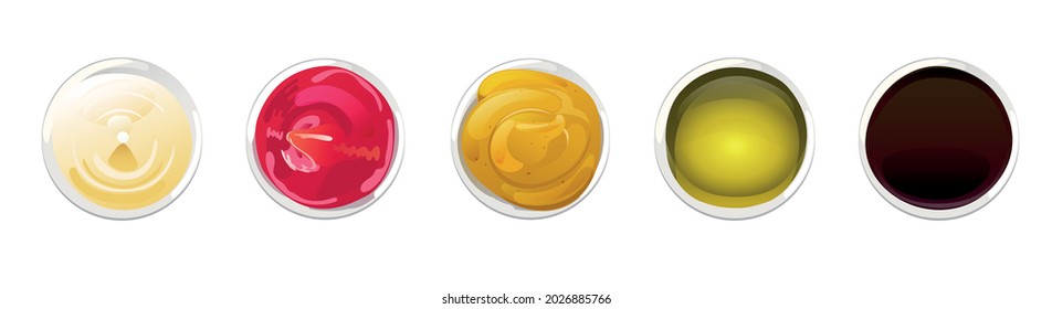 Big sauce in bowls set. Soy, Olive Oil, Mustard, Ketchup and Mayonnaise sauces. Condiment elements for food design.