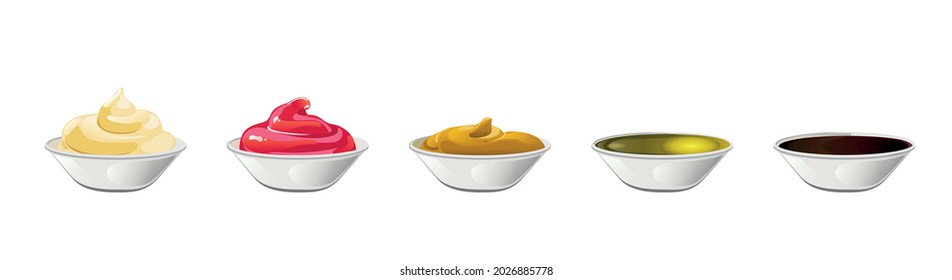 Big sauce in bowls set. Soy, Olive Oil, Mustard, Ketchup and Mayonnaise sauces. Condiment elements for food design.