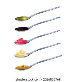 Big sauce in spoons set. Soy, Olive Oil, Mustard, Ketchup and Mayonnaise sauces. Condiment elements for food design.