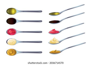 Big sauce in spoons set. Soy, Olive Oil, Mustard, Ketchup and Mayonnaise sauces. Condiment elements for food design.