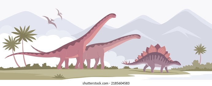 Big sauropod with a long neck and stegosaurus. Herbivorous dinosaur of the Jurassic period. Prehistoric pangolin. Science paleontology. Wild landscape. Vector cartoon illustration