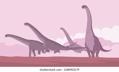 Big sauropod with a long neck and tail. Herd of lizards in the mountain desert. Herbivorous dinosaur sauropod of the Jurassic period. Prehistoric pangolin. Vector cartoon illustration