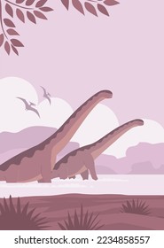 Big sauropods. Herbivorous dinosaur of the Jurassic period. Prehistoric pangolin. Science paleontology. Wild landscape. Vector cartoon illustration