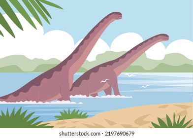 Big sauropods. Lizards bathe in water. Herbivorous dinosaur of the Jurassic period. Prehistoric pangolin. Science paleontology. Wild landscape. Vector cartoon illustration