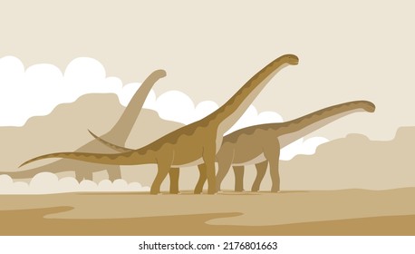 Big sauropods with a long neck and tail. Herd of lizards in the mountain desert. Herbivorous dinosaur sauropod of the Jurassic period. Prehistoric pangolin. Vector cartoon illustration