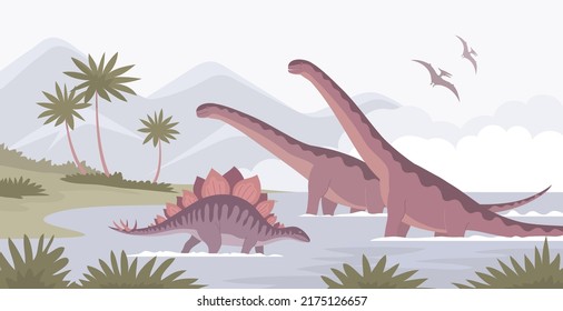 Big sauropods and stegosaurus. Lizards bathe in water. Herbivorous dinosaur of the Jurassic period. Prehistoric pangolin. Science paleontology. Wild landscape. Vector cartoon illustration