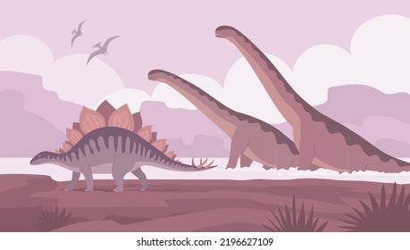 Big sauropods and stegosaurus. Lizards bathe in water. Herbivorous dinosaur of the Jurassic period. Prehistoric pangolin. Science paleontology. Wild landscape. Vector cartoon illustration