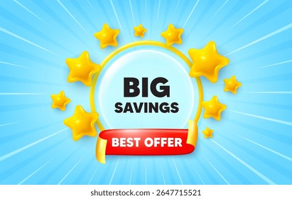 Big savings sunburst ray banner. Best offer flag ribbon. Big savings tag. Special offer price sign. Advertising discounts symbol. 3d stars glitter. Red ribbon tag. Discount offer. Vector