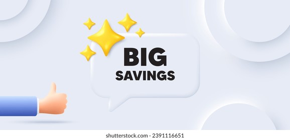 Gran etiqueta de ahorro. Fondo neutral con burbuja de habla de chat. Señal de precio de oferta especial. Símbolo de descuentos publicitarios. Gran mensaje de discurso de ahorro. Cartel con la mano. Vector