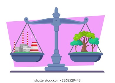 Big scales with factory and trees vector illustration. Cartoon drawing of balance between industrial building and forest or park. Ecology or environment, nature, pollution, balance concept