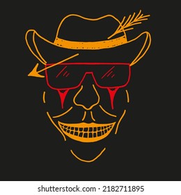 Big scary face with dark glasses, a frightening smile and a cowboy hat shot through with an arrow. A joker drawn with a orange marker on black background. Cowboy Jack. Halloween concept