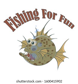 Big scary fish. Vector banner on the theme of fishing with the inscription on a white isolated background
