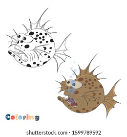 Big scary fish. Vector coloring on the theme of fishing on a white isolated background with color illustration.