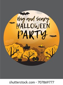 Big and scary halloween party. Halloween Background. Vector Illustration. Party Invitation Concept in Traditional Yellow and Black Colors with Place for your Text. - stock vector