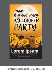 Big and scary halloween party. Halloween Background. Vector Illustration. Party Invitation Concept in Traditional Yellow and Black Colors with Place for your Text. - stock vector
