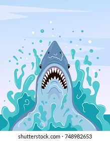 Big scary shark jump out of water. Vector flat cartoon illustration